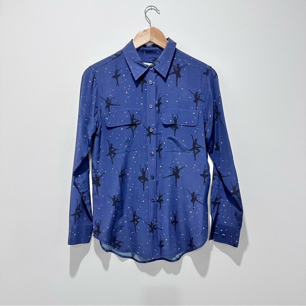 Equipment silk collared button down blouse top blue ballerina stars XS
